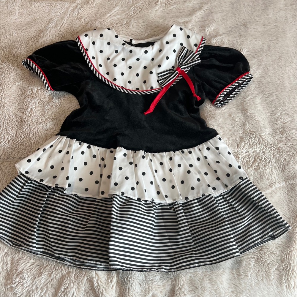 Vintage 90's Roanna Girls‎ Dress 4T Black White Polka Dot Striped Velvet Tiered